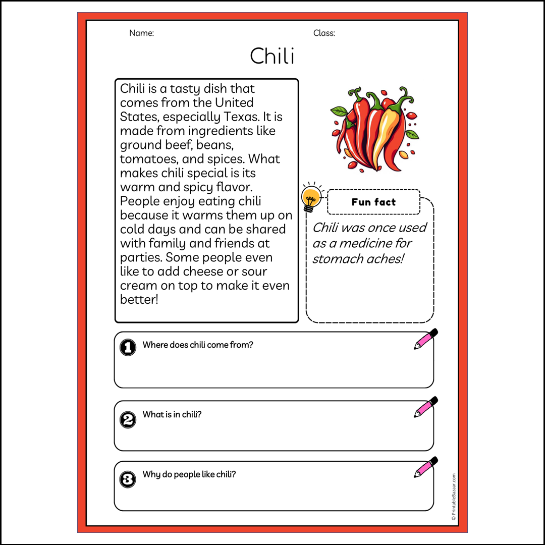 Chili | Reading Passage Comprehension Questions Writing Facts Worksheet