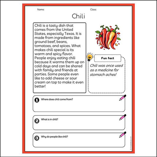 Chili | Reading Passage Comprehension Questions Writing Facts Worksheet