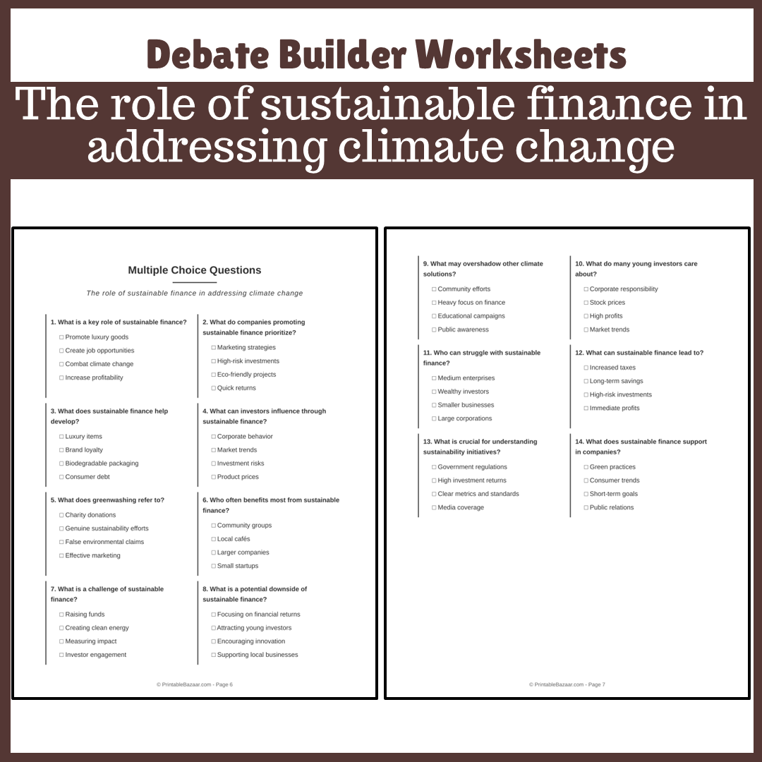 The role of sustainable finance in addressing climate change | Favour and Against Worksheet Printable Activity