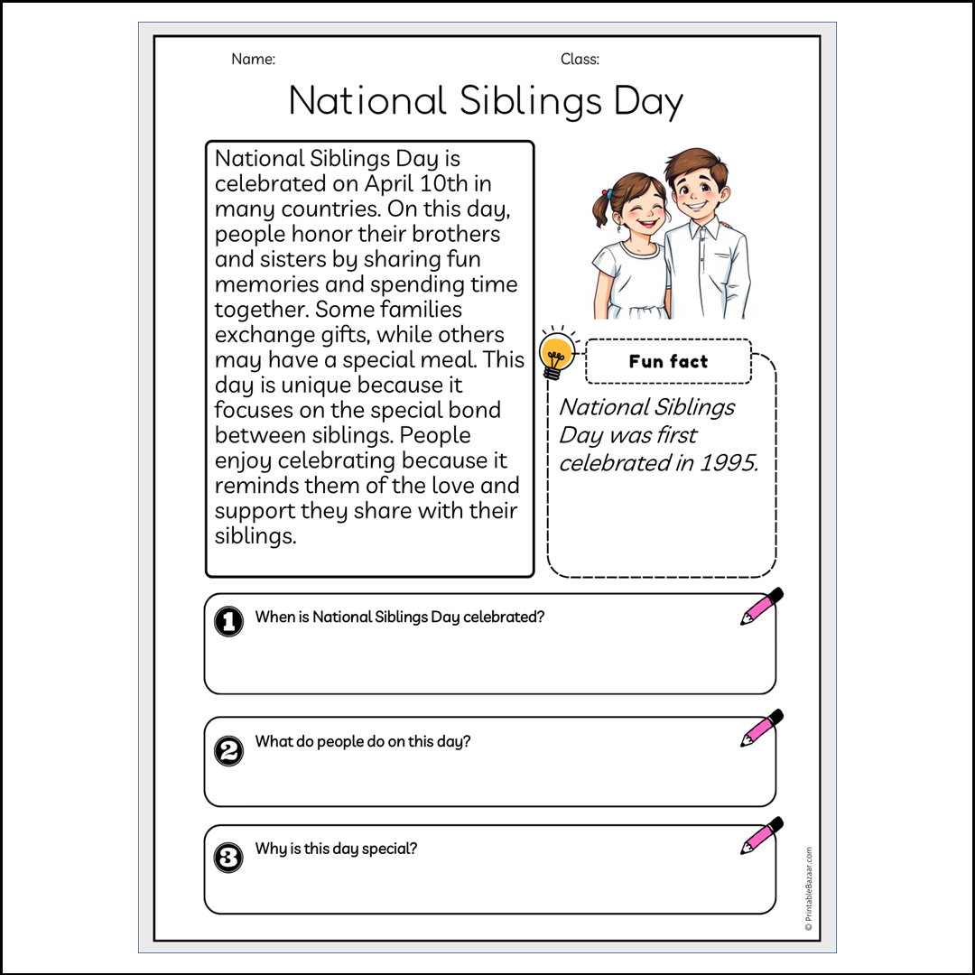 National Siblings Day | Reading Passage Comprehension Questions Writing Facts Worksheet