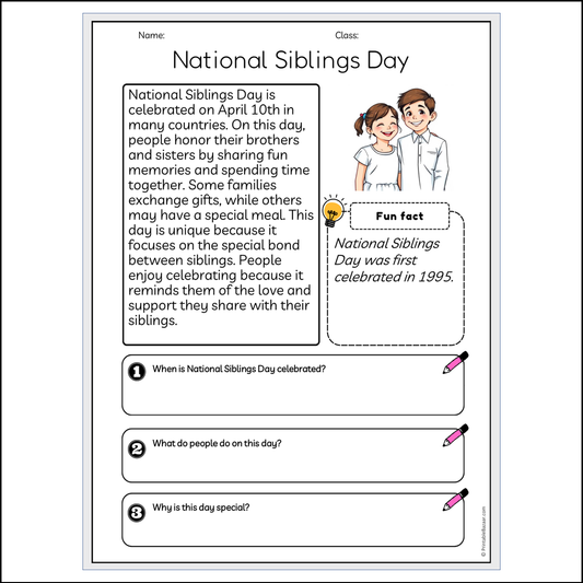 National Siblings Day | Reading Passage Comprehension Questions Writing Facts Worksheet