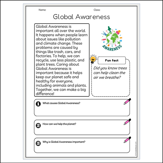 Global Awareness | Reading Passage Comprehension Questions Writing Facts Worksheet