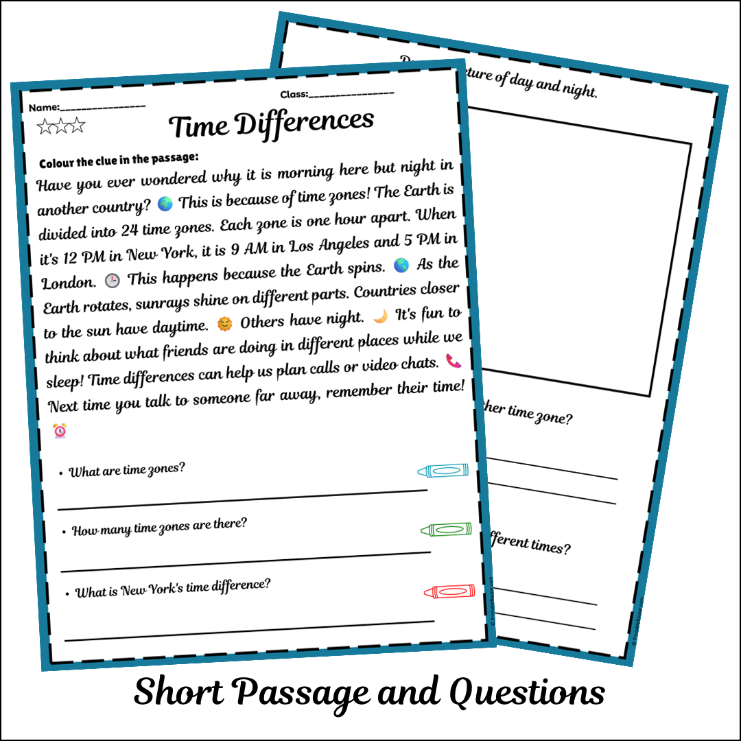 Time Differences | Short Reading Comprehension Creative Worksheet