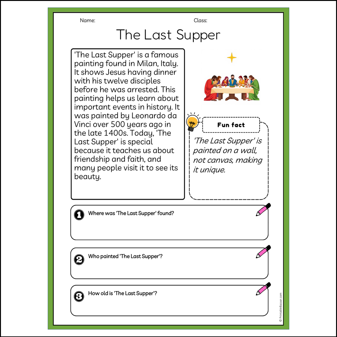 The Last Supper | Reading Passage Comprehension Questions Writing Facts Worksheet