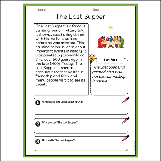 The Last Supper | Reading Passage Comprehension Questions Writing Facts Worksheet