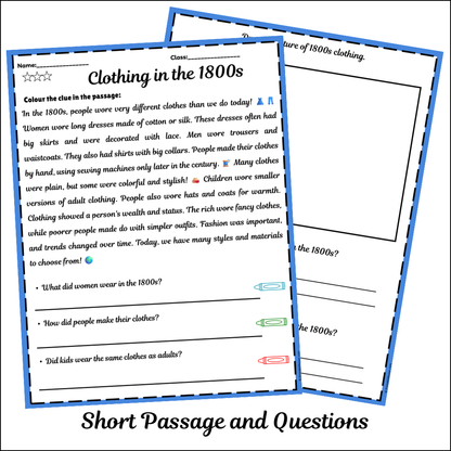 Clothing in the 1800s | Short Reading Comprehension Creative Worksheet