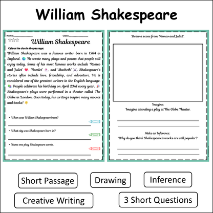William Shakespeare | Short Reading Comprehension Creative Worksheet