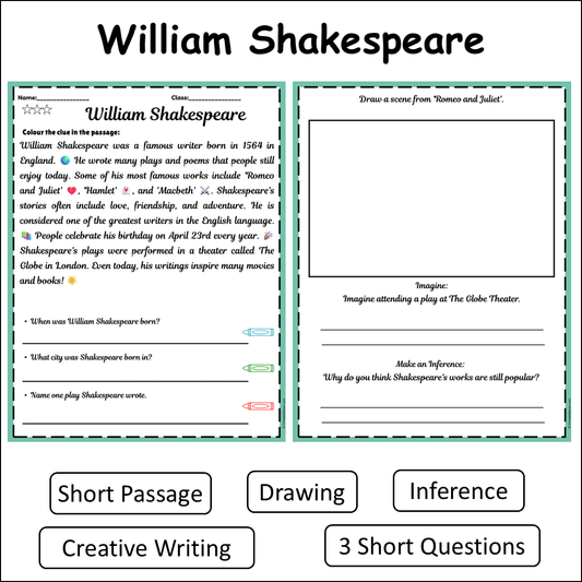William Shakespeare | Short Reading Comprehension Creative Worksheet