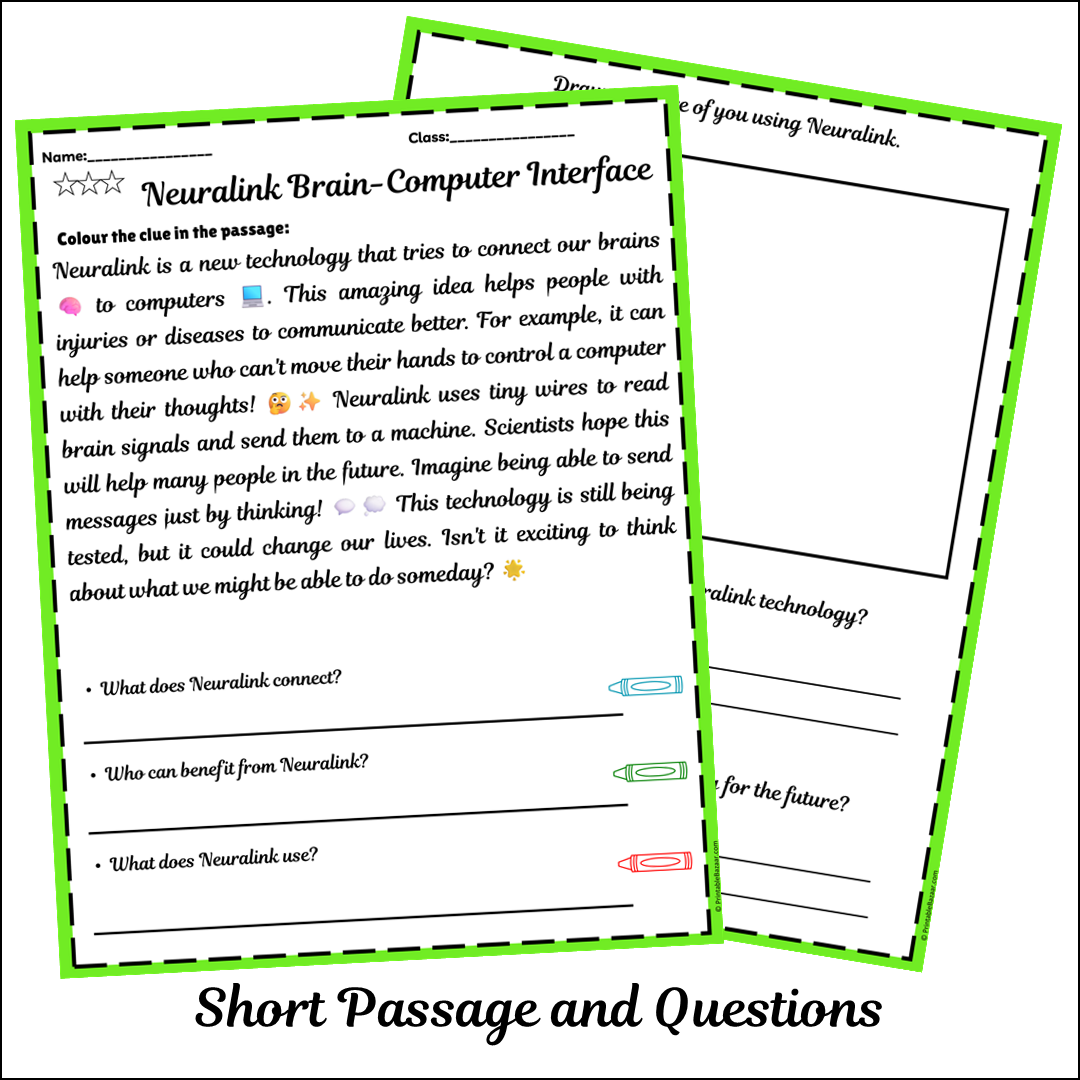 Neuralink Brain-Computer Interface | Short Reading Comprehension Creative Worksheet