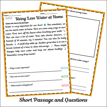 Using Less Water at Home | Short Reading Comprehension Creative Worksheet