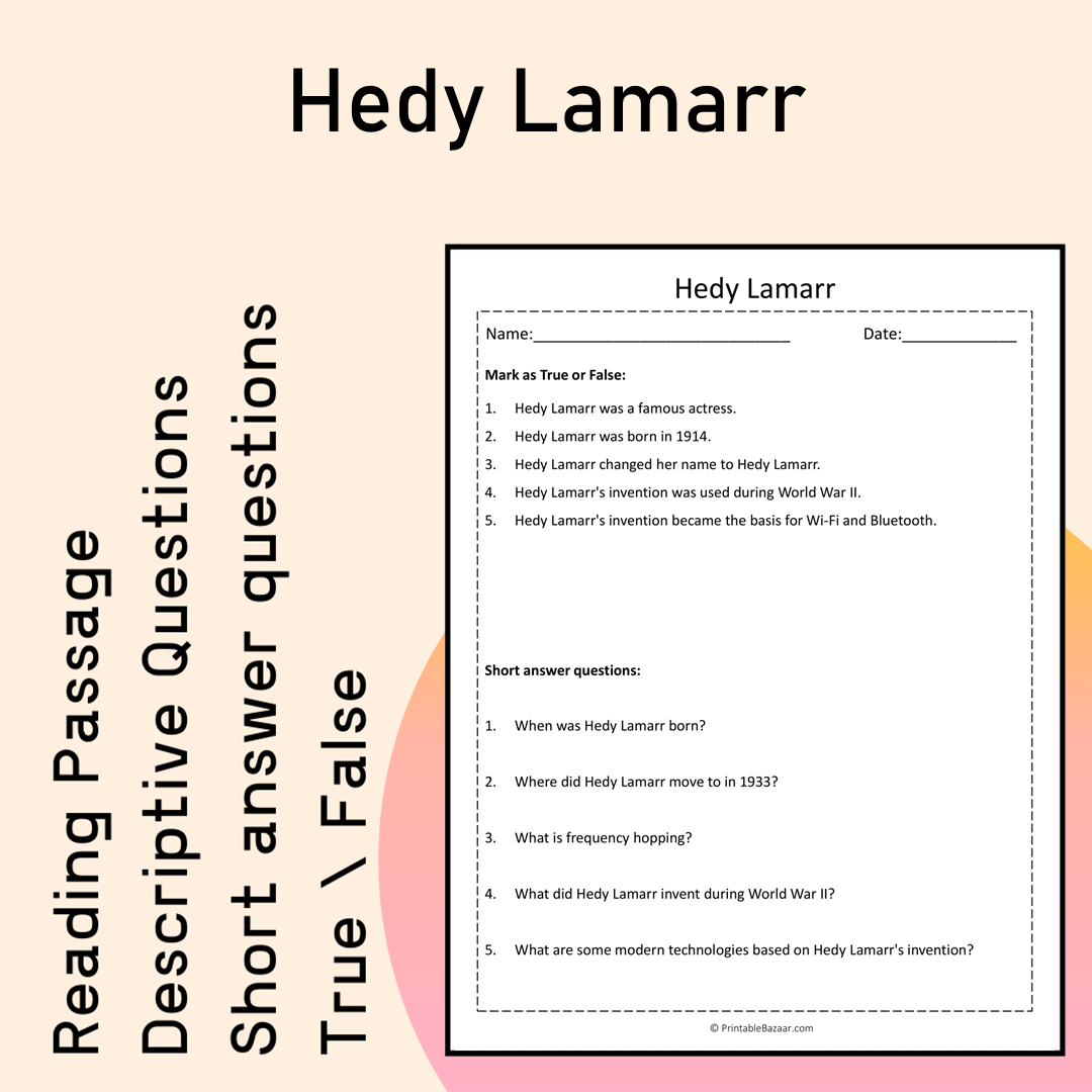 Hedy Lamarr | Reading Comprehension Passage Printable Activity