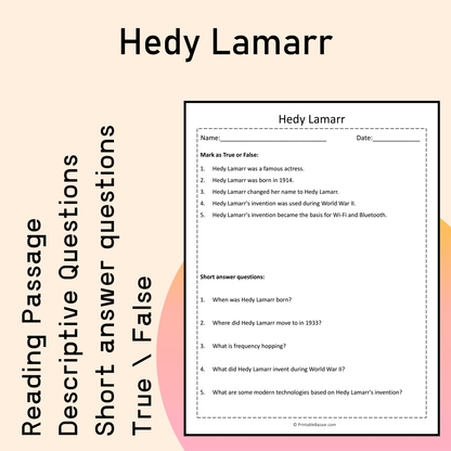 Hedy Lamarr | Reading Comprehension Passage Printable Activity