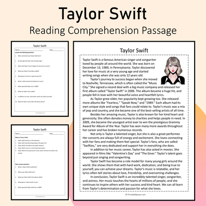 Taylor Swift | Reading Comprehension Passage Printable Activity