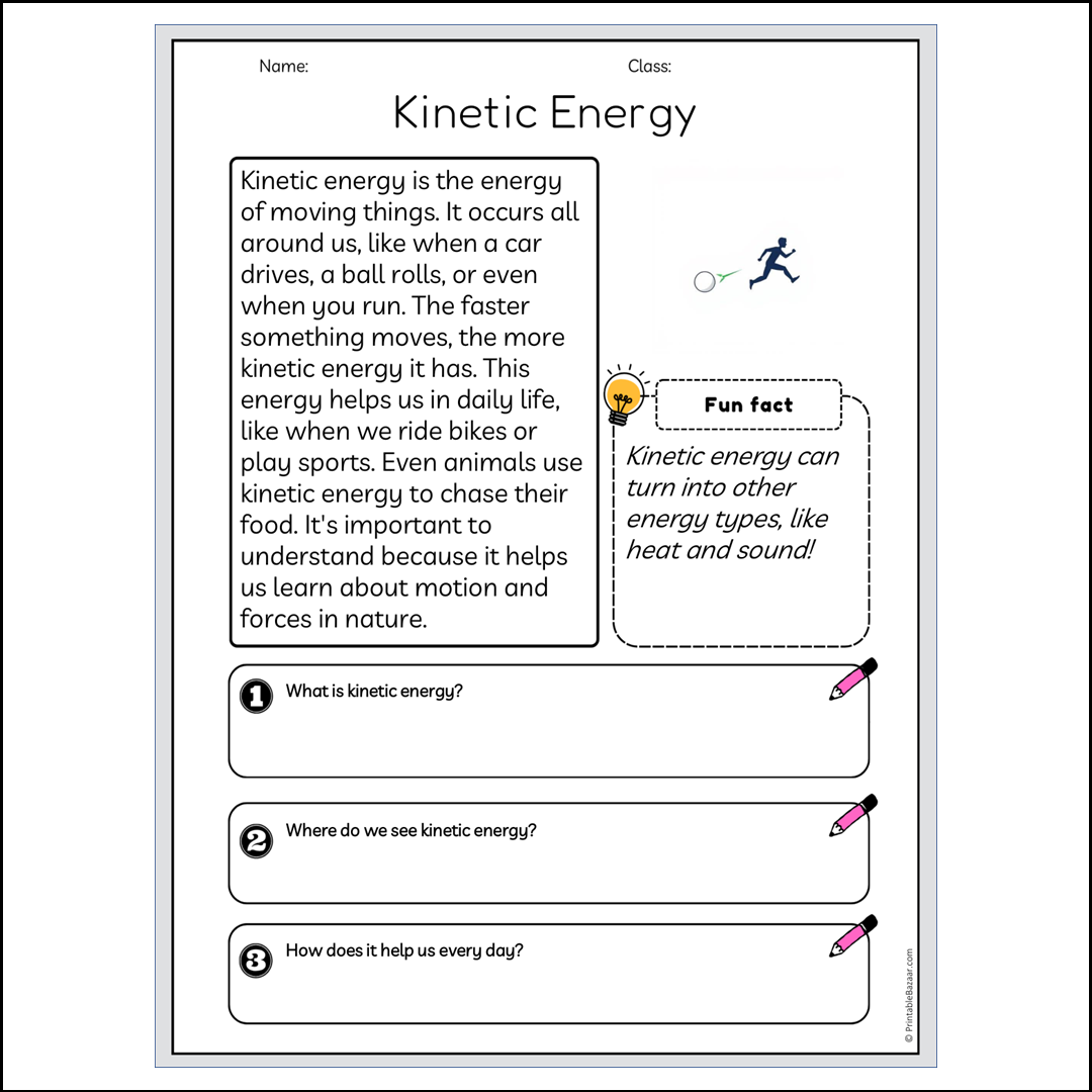 Kinetic Energy | Reading Passage Comprehension Questions Writing Facts Worksheet