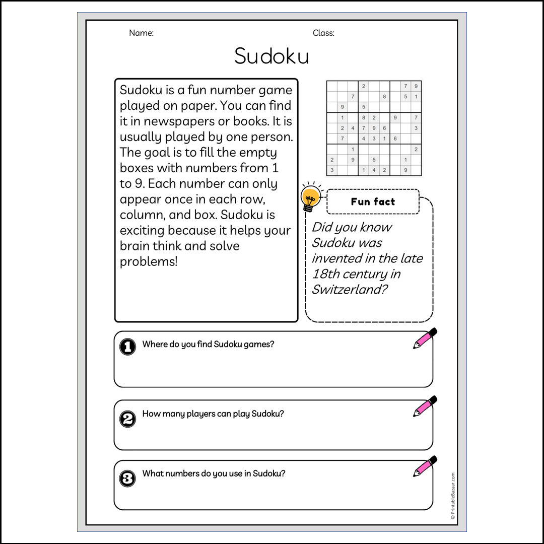 Sudoku | Reading Passage Comprehension Questions Writing Facts Worksheet