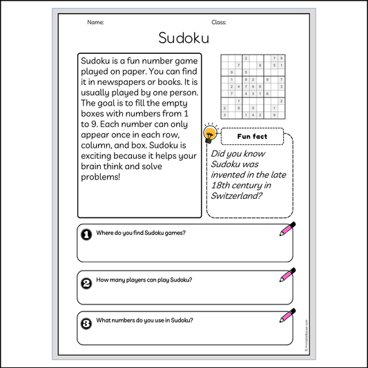 Sudoku | Reading Passage Comprehension Questions Writing Facts Worksheet