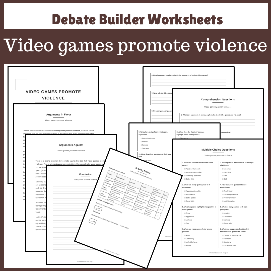 Video games promote violence | Favour and Against Worksheet Printable Activity