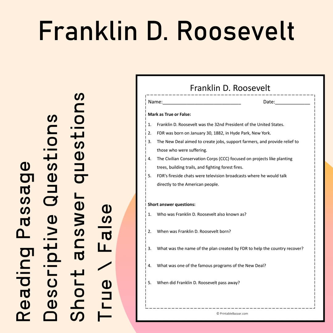 Franklin D. Roosevelt | Reading Comprehension Passage Printable Activity