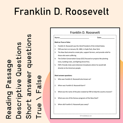 Franklin D. Roosevelt | Reading Comprehension Passage Printable Activity