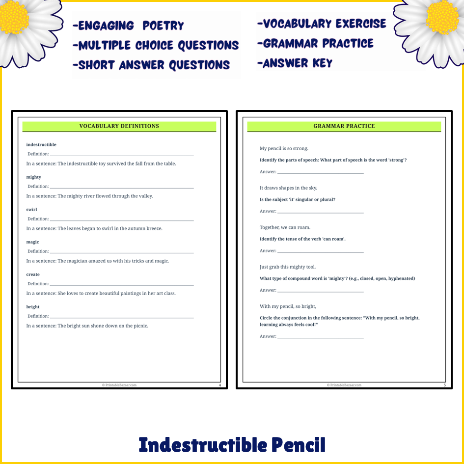 Indestructible Pencil | Poem Grammar Worksheet Printable Activity