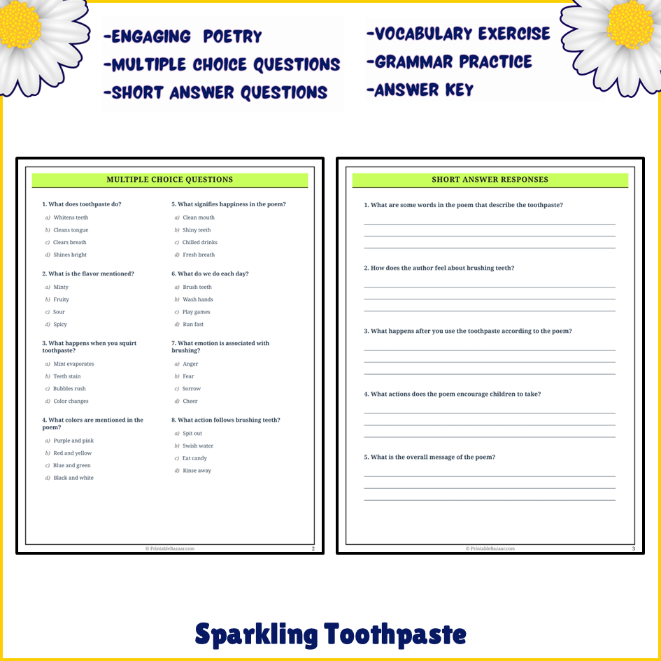 Sparkling Toothpaste | Poem Grammar Worksheet Printable Activity