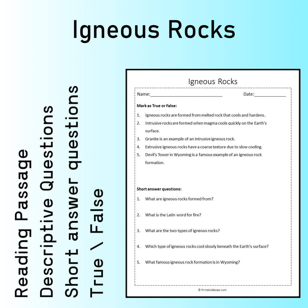Igneous Rocks | Reading Comprehension Passage Printable Worksheet