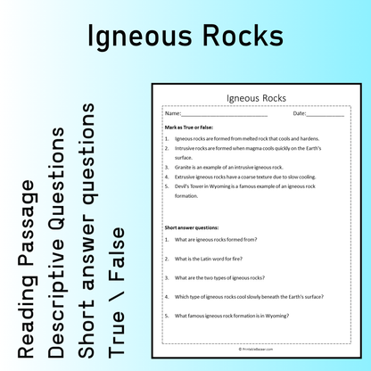 Igneous Rocks | Reading Comprehension Passage Printable Worksheet