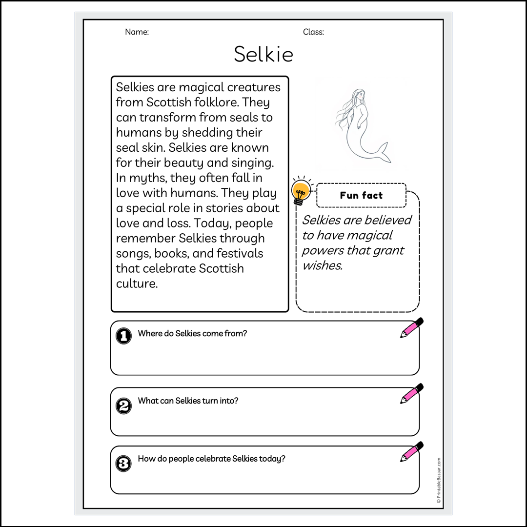 Selkie | Reading Passage Comprehension Questions Writing Facts Worksheet