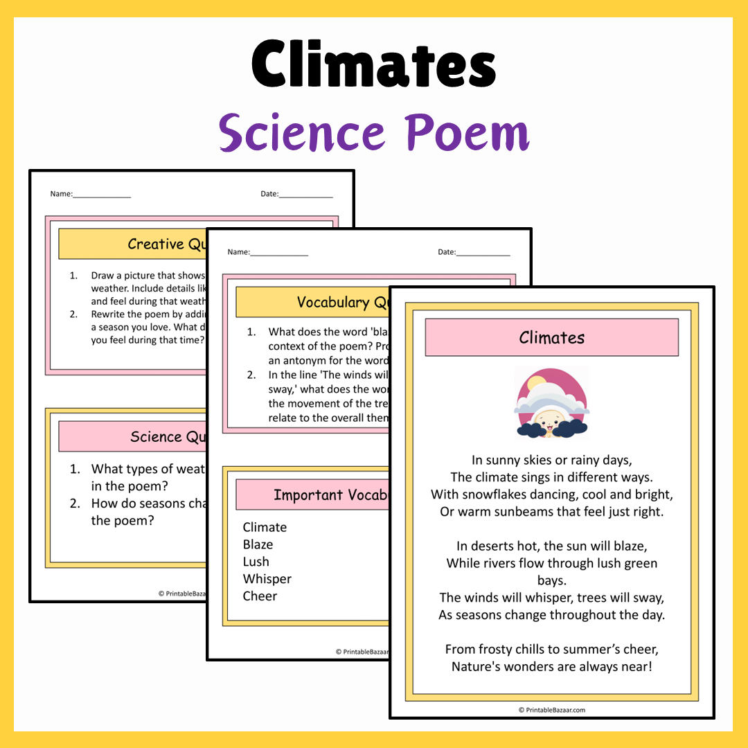 Climates | Science Poem Reading Comprehension Activity