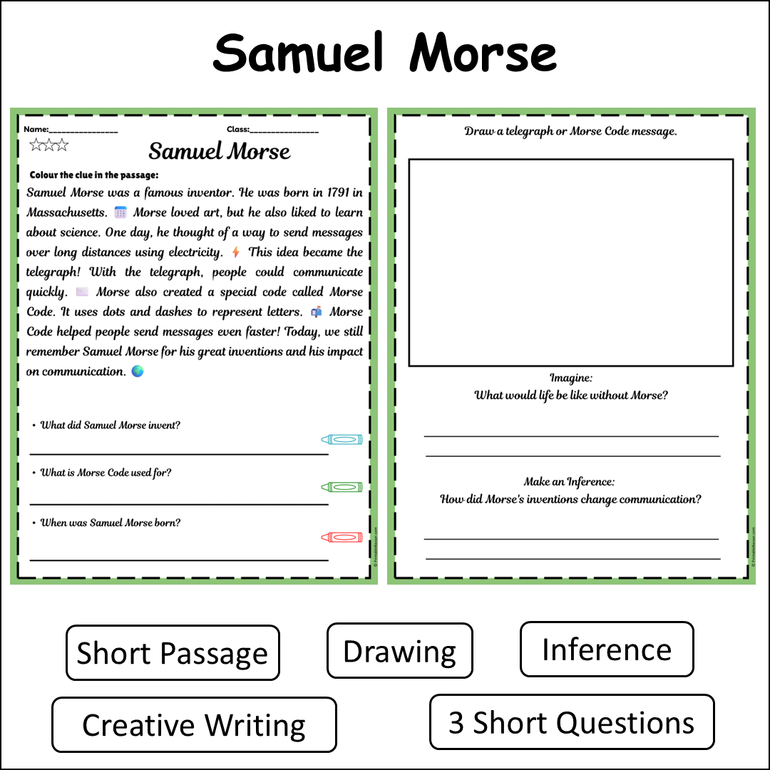 Samuel Morse | Short Reading Comprehension Creative Worksheet