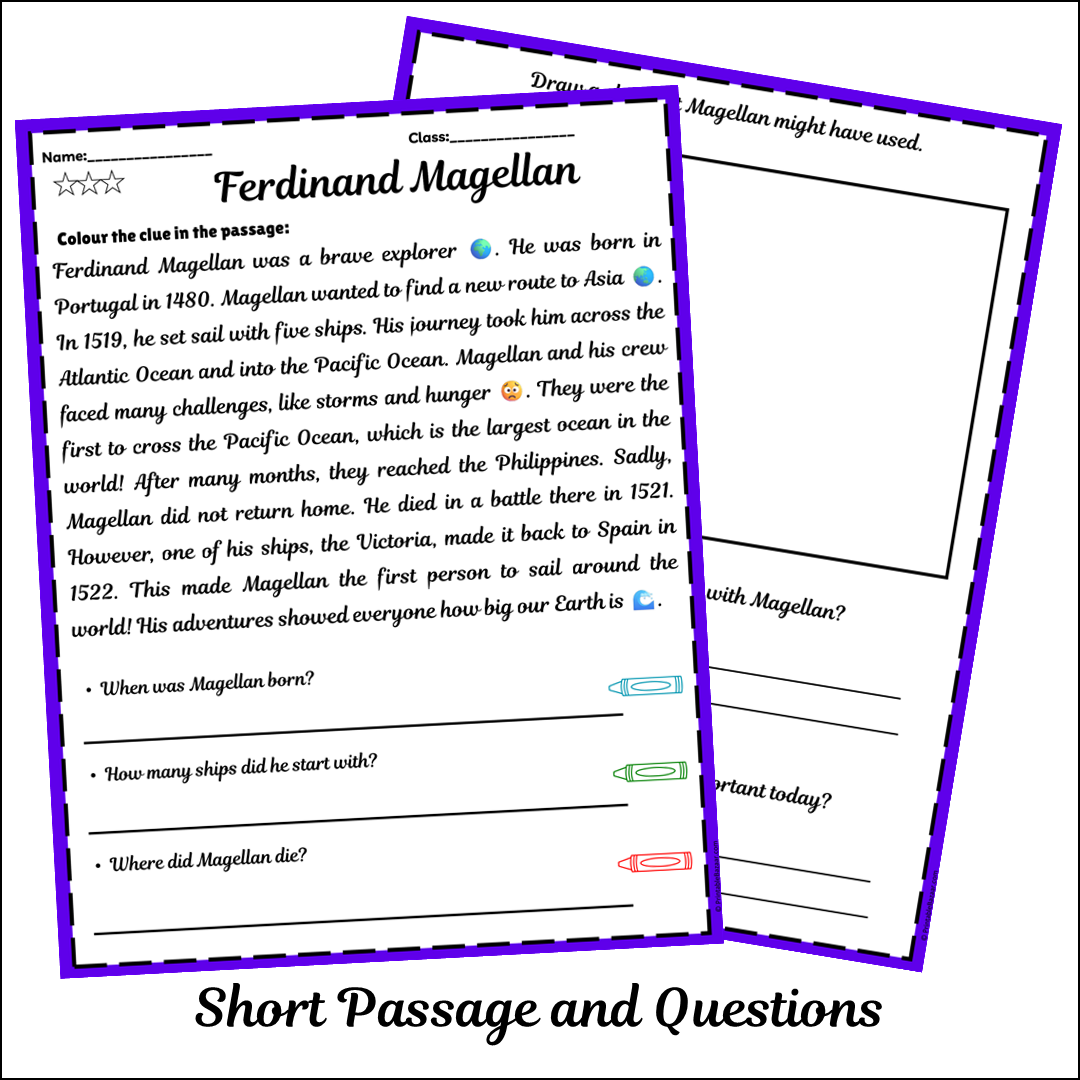 Ferdinand Magellan | Short Reading Comprehension Creative Worksheet
