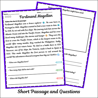 Ferdinand Magellan | Short Reading Comprehension Creative Worksheet