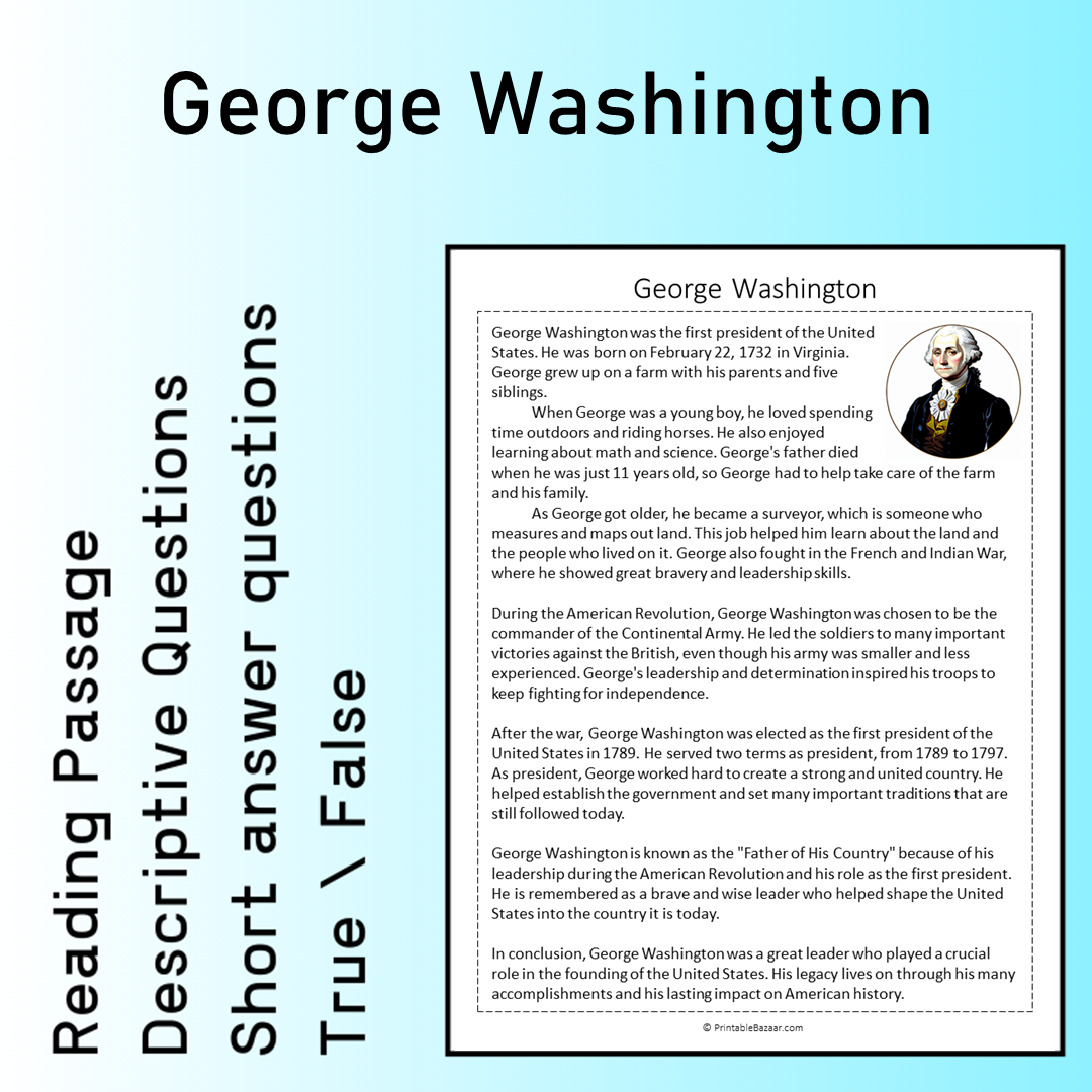 George Washington | Reading Comprehension Passage Printable Worksheet
