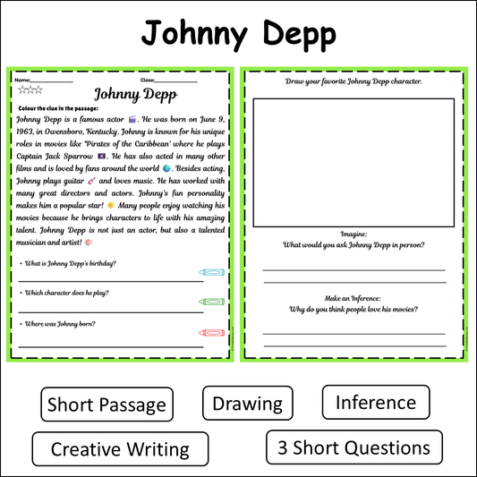 Johnny Depp | Short Reading Comprehension Creative Worksheet