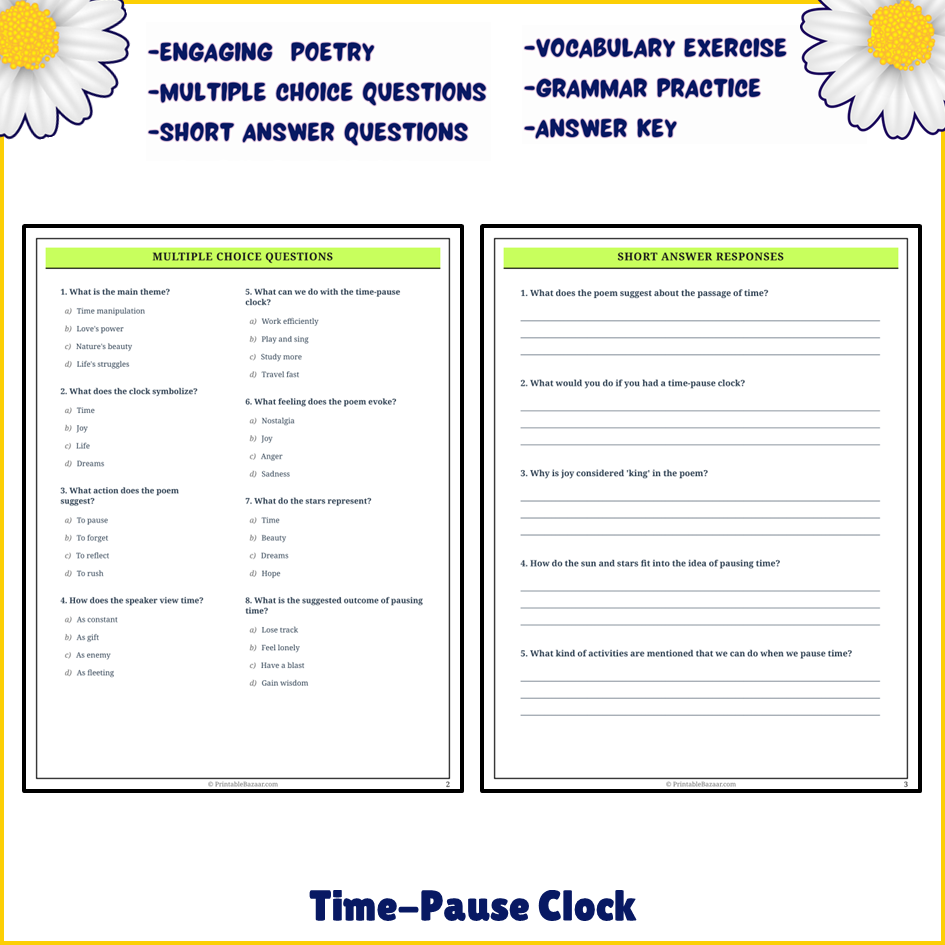 Time-Pause Clock | Poem Grammar Worksheet Printable Activity