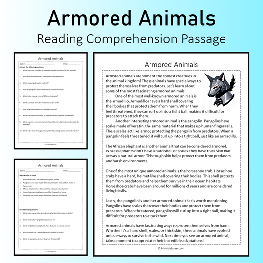 Armored Animals | Reading Comprehension Passage Printable Worksheet