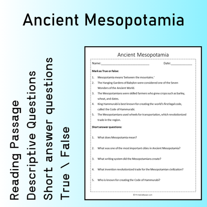 Ancient Mesopotamia | Reading Comprehension Passage Printable Worksheet