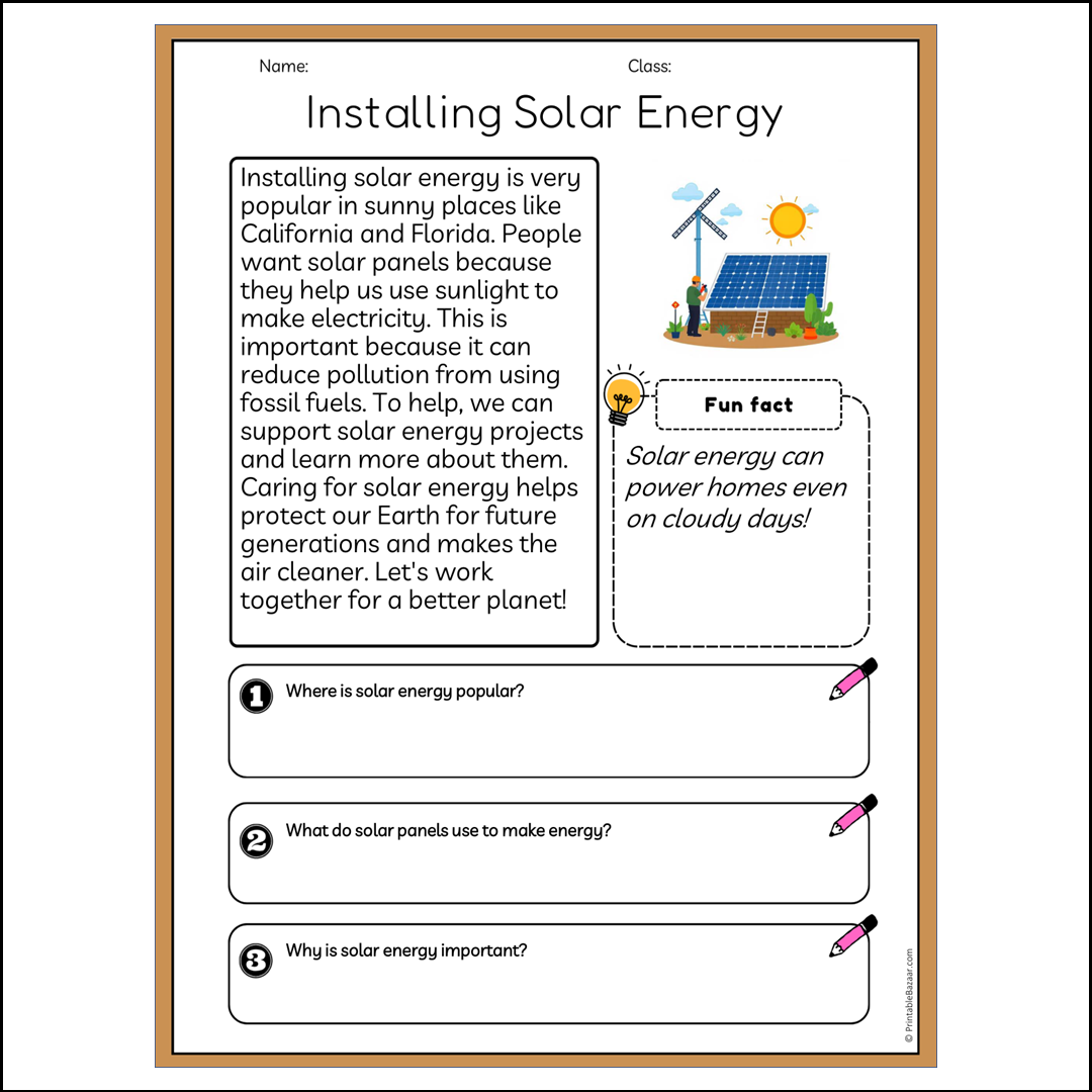 Installing Solar Energy | Reading Passage Comprehension Questions Writing Facts Worksheet