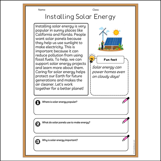 Installing Solar Energy | Reading Passage Comprehension Questions Writing Facts Worksheet