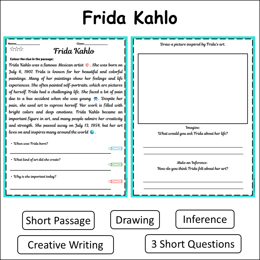 Frida Kahlo | Short Reading Comprehension Creative Worksheet