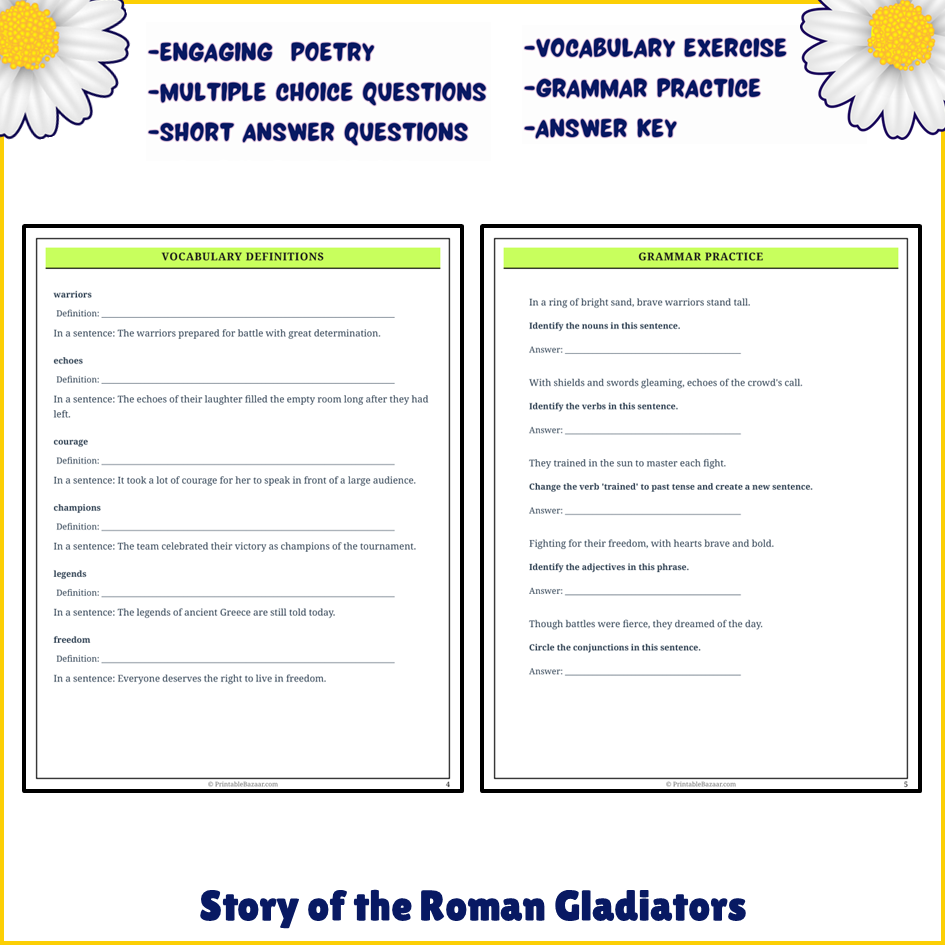 Story of the Roman Gladiators | Poem Grammar Worksheet Printable Activity