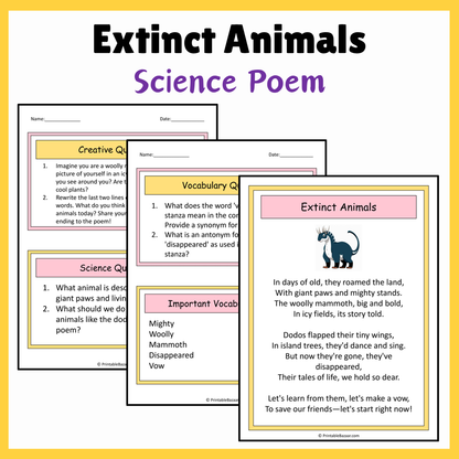 Extinct Animals | Science Poem Reading Comprehension Activity