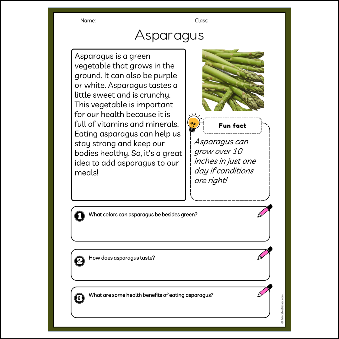 Asparagus | Reading Passage Comprehension Questions Writing Facts Worksheet