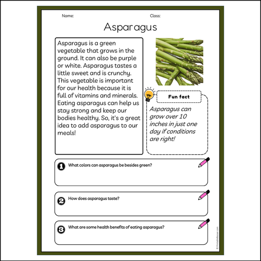 Asparagus | Reading Passage Comprehension Questions Writing Facts Worksheet