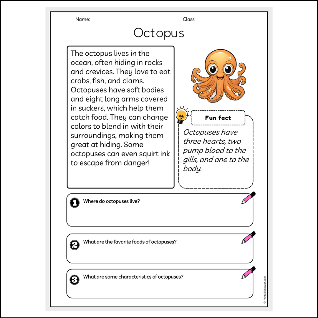 Octopus | Reading Passage Comprehension Questions Writing Facts Worksheet