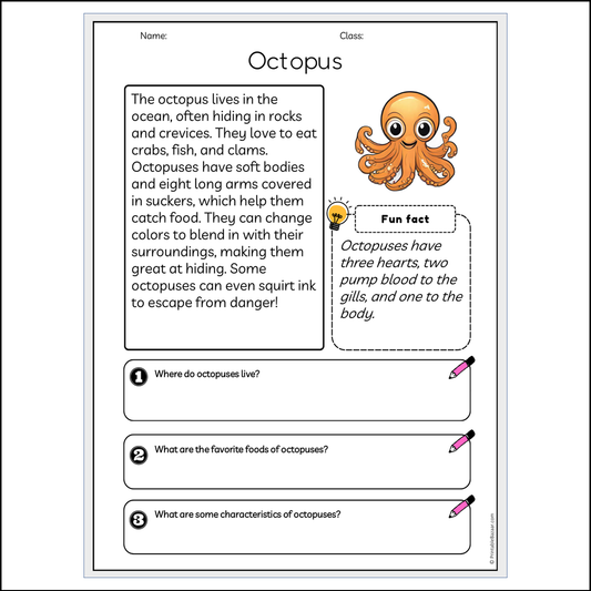 Octopus | Reading Passage Comprehension Questions Writing Facts Worksheet