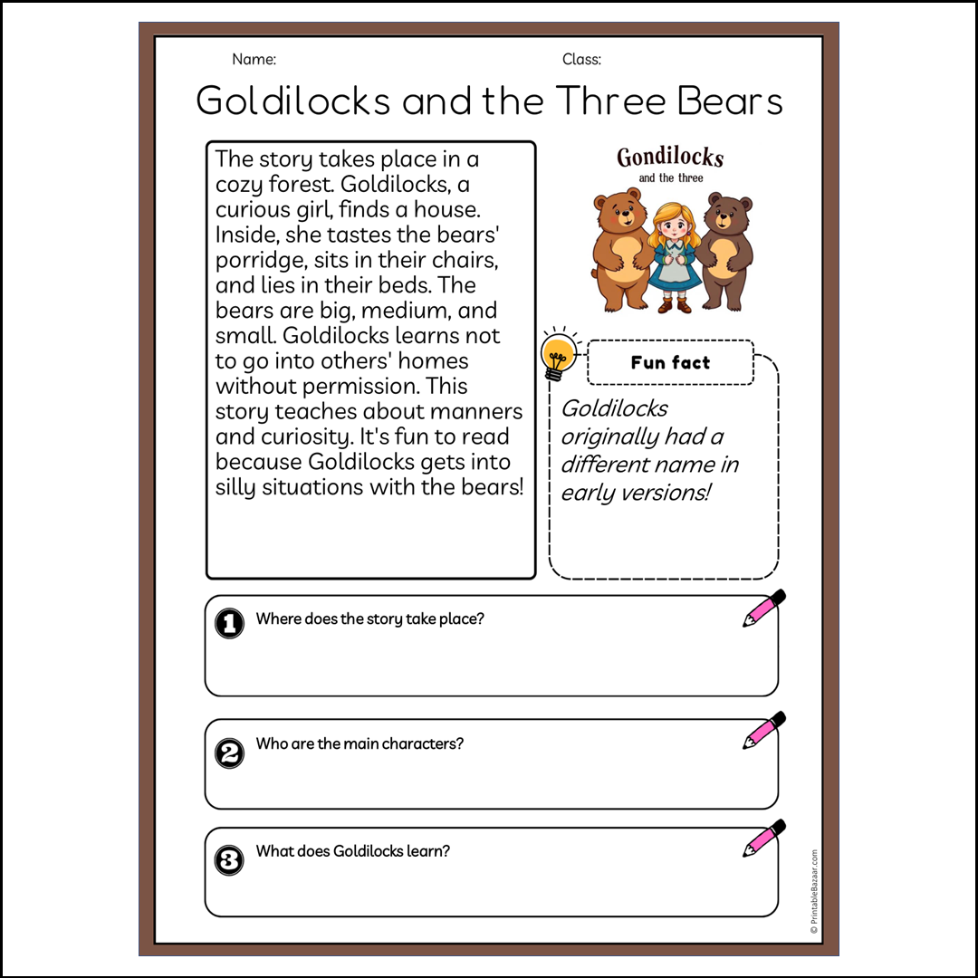 Goldilocks and the Three Bears | Reading Passage Comprehension Questions Writing Facts Worksheet