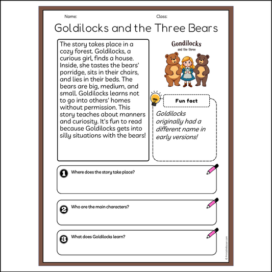 Goldilocks and the Three Bears | Reading Passage Comprehension Questions Writing Facts Worksheet