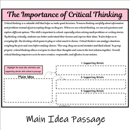 The Importance of Critical Thinking | Main Idea and Supporting Details Reading Passage and Questions