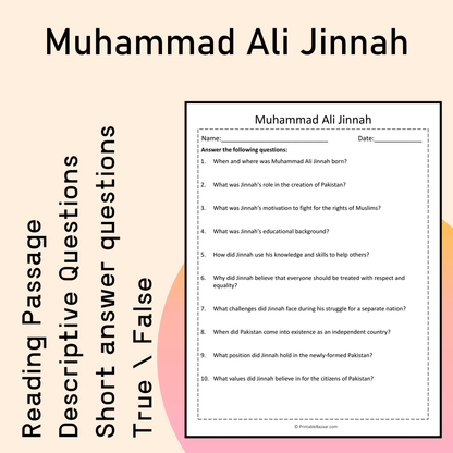 Muhammad Ali Jinnah | Reading Comprehension Passage Printable Activity